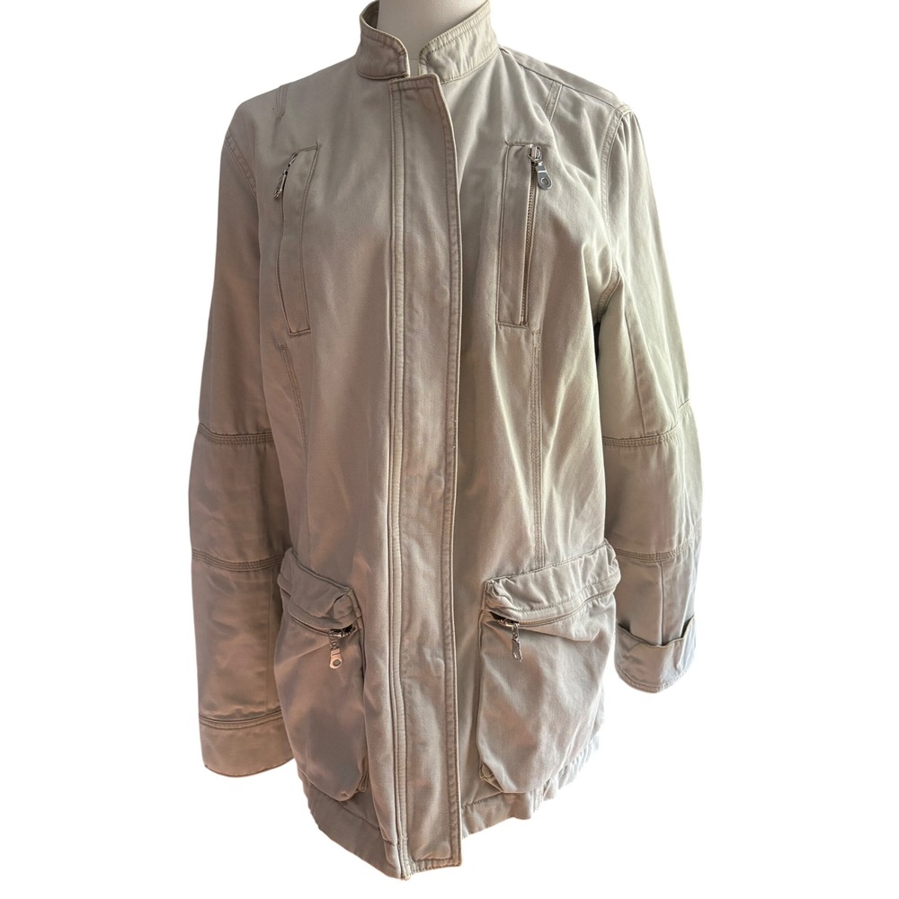 Redcats R Khaki Beige 100% Cotton Utility Field Jacket Womens Size 12 Mock Neck